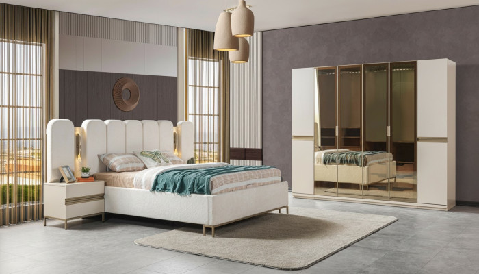 Set de mobilier modern pentru dormitor 4 piese: pat, dulap, noptieră