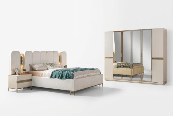 Set de mobilier modern pentru dormitor 4 piese: pat, dulap, noptieră