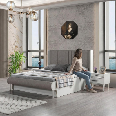 Set elegant de mobilier de 3 piese cu pat + 2 măsuțe de noapte