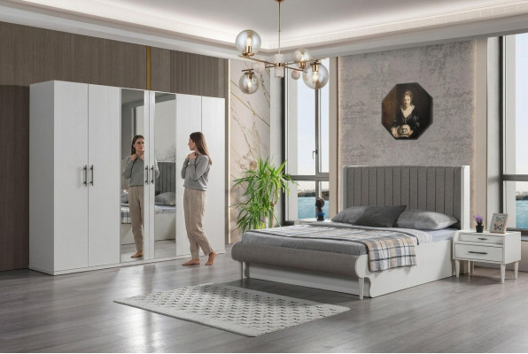 Set modern de dormitor de 4 piese cu pat, dulap și măsuțe de noapte