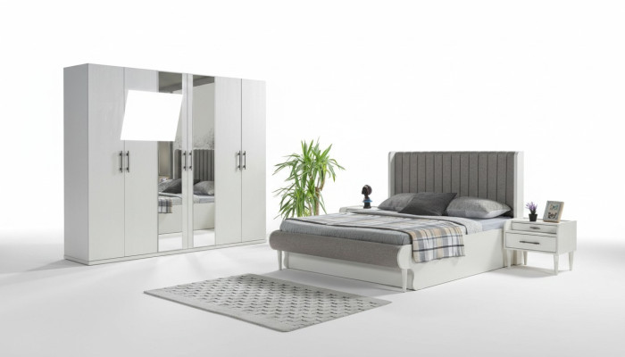 Set modern de dormitor de 4 piese cu pat, dulap și măsuțe de noapte