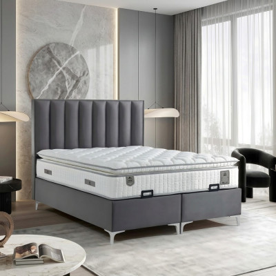 Set de pat elegant gri cu saltea din țesătură și lemn