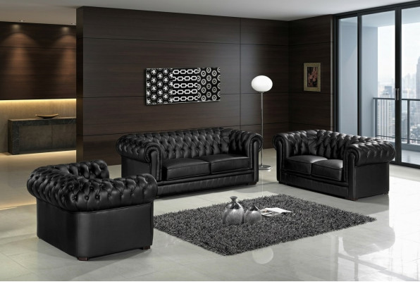 Schwarze Chesterfield Sofas 3+2+1 Set Polster Designer Sofas Garnitur