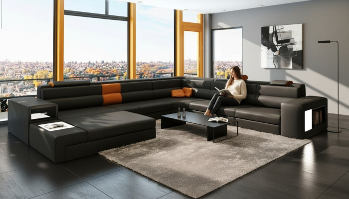Ecksofa Sofa Couch Polster Garnitur Design Textil Leder Wohnlandschaft