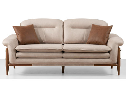 3-Sitzer Sofa Weich Leder Beige Modern Bequem Holzelemente Stilvoll