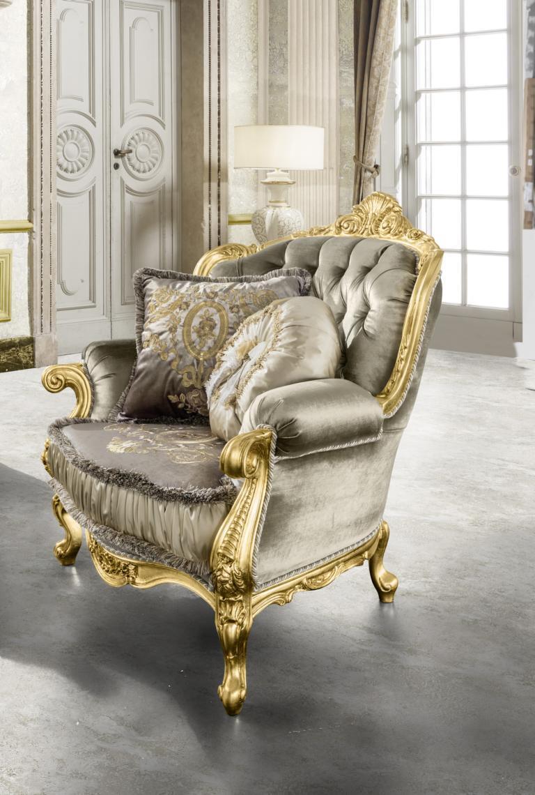 Sessel Relax Stoff Lounge Club Polster Design Couch Sofa Sitzer Luxus Gold Neu